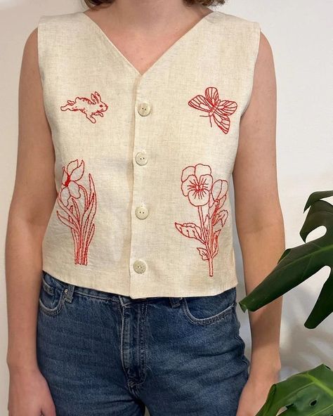 Embroidery Workshop, Fall Sewing, Linen Vest, Embroidery On Clothes, Embroidered Linen, Upcycled Fashion, Shirt Embroidery, Embroidered Clothes, London United Kingdom