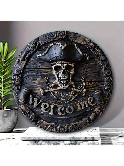 8"X8" Metal Pirate Skull Welcome Sign, Nautical Theme Wall Decor, Multifunctional Room Aesthetics For Home, Door, Gate, Halloween, Holidays, Party, Farmhouse Porch, Gift For Friends, Random Hole Position Multicolor    Iron     Home Decor, size features are:Bust: ,Length: ,Sleeve Length: Pirate House Decor, Pirate Aesthetic Bedroom, Pirate Astethic Room, Pirate Kitchen Decor, Pirate Bathroom Sign, Pirate Wall Decor, Pirate Party Decorations, Multifunctional Room, Pirate Room