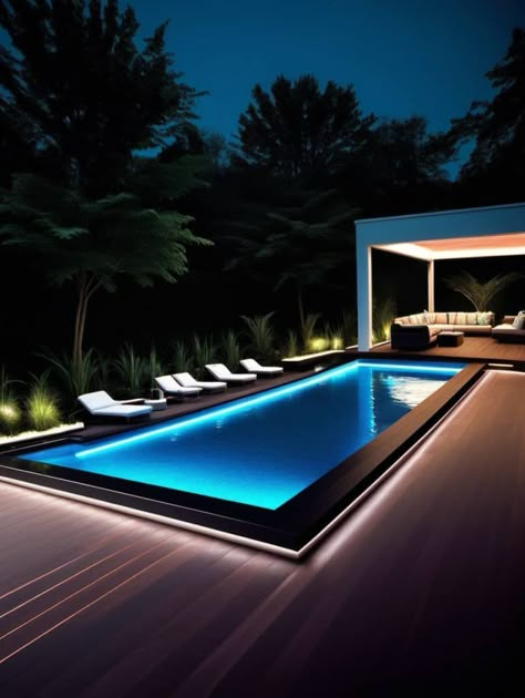 28 Stunning In-Ground Pool Deck Concepts for your Backyard Oasis Pool In House, Evening Pool Party, Sleek Outdoor Furniture, Pool Lighting Ideas, Swimming Pool Lighting, Swimming Pool Backyard, Luxury Pools Backyard, Pool Lighting, Adult Playground