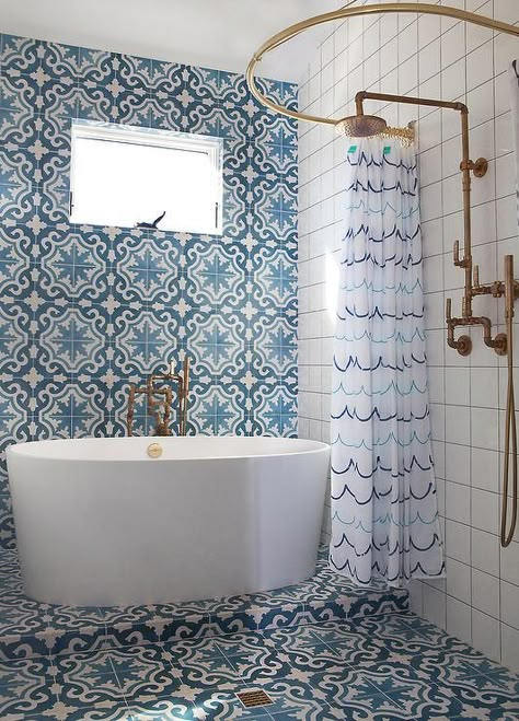 10 Moroccan-Style Items to Create Bohemian Home Décor #BohemianHomeDecor, Home Decor Coral Bathroom Decor, Coral Bathroom, Makeover Kamar Mandi, Mediterranean Bathroom, Shower Tiles, White Fan, Bathroom Design Trends, Bathroom Themes, Transitional Bathroom