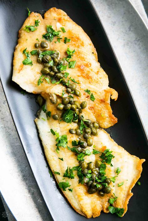 Sole Piccata ~ Petrale sole fillets, dusted in flour, sautéed in olive oil and served with a sauce of white wine, lemon juice, capers, parsley and butter. ~ SimplyRecipes.com Lemon Sole Piccata, Sole Piccata Recipe, Fish Piccata, Petrale Sole, Piccata Sauce, Piccata Recipe, Fish Dinner, Wine Sauce, Simply Recipes