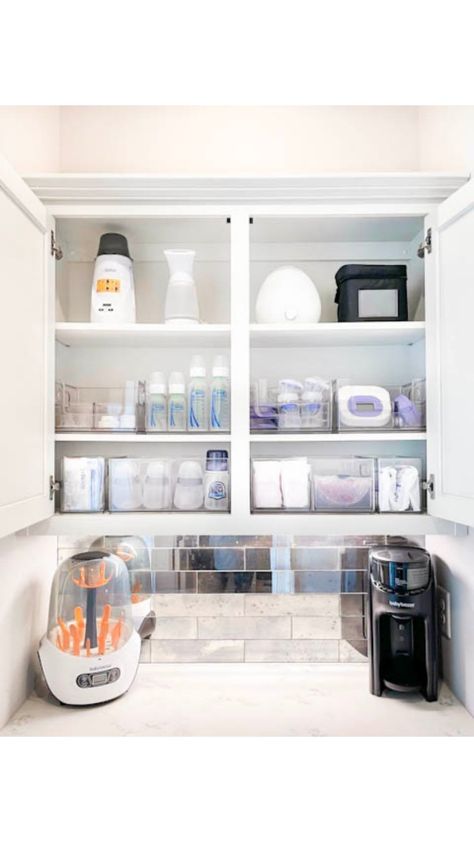 Kitchen Baby Bottle Organization, Nursery Bottle Station, Baby Storage Kitchen, Baby Bathtub Storage, Bottle Cleaning Station, Kitchen Organization Baby Stuff, Baby Bottle Cabinet Organization, Baby Station In Kitchen, Bottle Cabinet Organization Baby