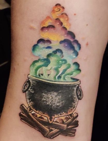 Matching Witchy Tattoos, Cauldron Tattoo, Tattoo Arm Sleeve, Witchy Tattoos, Pagan Tattoo, Tattoos For Best Friends, Wiccan Tattoos, Witch Tattoo, Spooky Tattoos