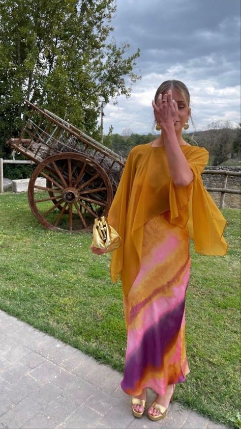 Wedding Guest Dress With Shawl, Spanish Wedding Guest Outfit, Garden Cocktail Attire Wedding, Shawl Wedding Guest, Citrus Aesthetic, Sum Dresses, Sheer Shawl, Wedding Ootd, Fuschia Dress