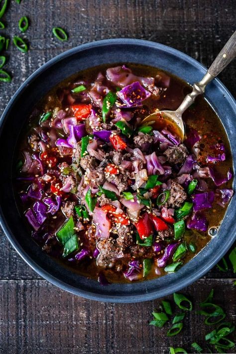 A fast and easy recipe recipe for Hot and Sour Cabbage Soup with ginger, scallions and your choice of ground meat (or sub plant-based ground meat). Vegan-Adaptable. Sour Cabbage Soup, Stovetop Soup, Brothy Soup, Cleanish Eating, Plant Based Meat, Current Recipes, Feasting At Home, Soup Cleanse, Sour Cabbage