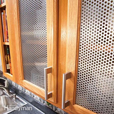 instead of chicken wire Cocina Diy, Old Cabinet Doors, Old Wooden Doors, Kitchen Glass, Cabinet Refacing, Kitchen Cabinet Door, Old Cabinets, Kitchen Cabinets Makeover, Perforated Metal