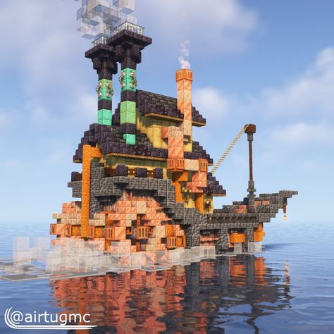 Airtug (@airtugmc) • Instagram photos and videos Ocean Monument Transformation Minecraft, Air Ship Minecraft, Minecraft Boat, Minecraft Steampunk Interior, Steampunk Ship Minecraft, Fantasy Steampunk Minecraft, Steam Punk Minecraft, Minecraft Steampunk Builds, Minecraft C