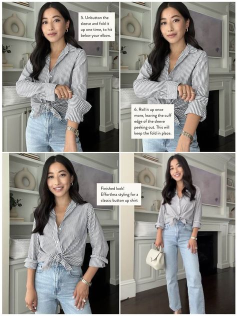 Roll Sleeves Women How To, How To Roll Cuffs Sleeve, How To Roll Sleeves Women Shirts, Roll Up Sleeves Women How To, Roll Sleeves, Tied Button Up Shirt Outfit, Button Down Shirt Outfit Work, How To Style Long Sleeve Button Up, How To Roll Up Sleeves