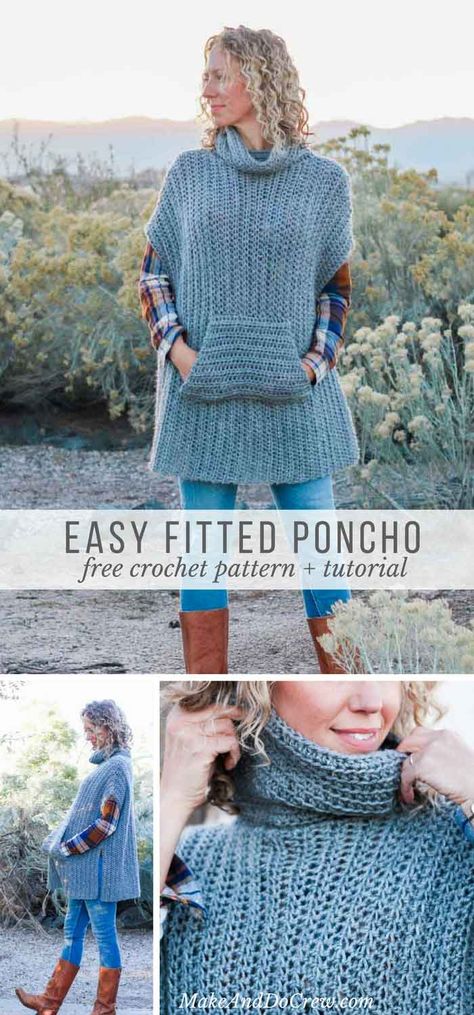 Love! This modern free crochet poncho pattern is a little more fitted than most, offering a versatile wardrobe staple that's perfect for layering. Free pattern and tutorial! via @makeanddocrew Crochet Poncho Pattern, Make And Do Crew, Poncho Pullover, Crochet Poncho Free Pattern, Poncho Crochet, Crochet Poncho Patterns, Poncho Pattern, Crochet Jacket, Crochet Diy