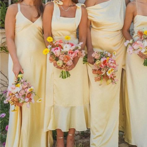 Yellow Floral Dress Long, Creme Bridesmaid Dresses, Yellow Wedding Accents, Pink Yellow Bridesmaid Dresses, Buttercup Yellow Bridesmaid Dresses, Peach Colored Bridesmaid Dresses, Lemon Yellow Bridesmaid Dresses, Pink And Yellow Bridesmaids, Mismatched Yellow Bridesmaid Dresses