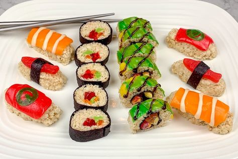 How To Make Candy Sushi: Fun and Tasty Treat For Kids (And Adults, if We're Being Honest) Sushi Rice Crispy Treats, How To Make Candy Sushi Rolls, Sushi Candy Diy, How To Make Candy Sushi, Candy Sushi Diy, Sushi Dessert Ideas, Dessert Sushi Recipes, Candy Making For Kids, Candy Sushi Rolls For Kids