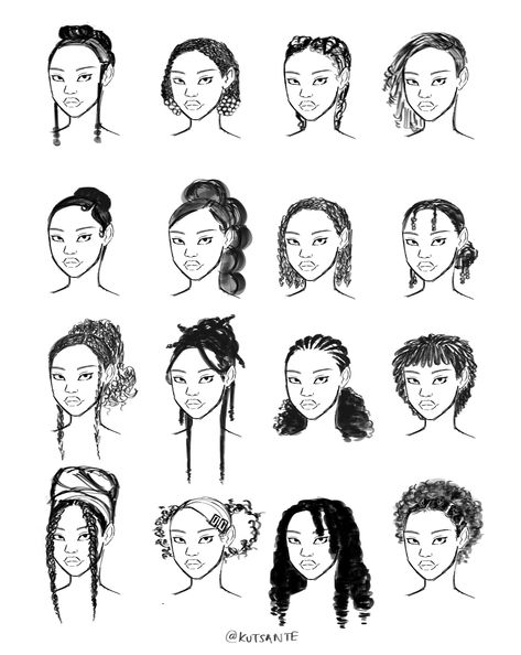 Curly Hairstyles Art, Afro Hair Drawing, Villain Design, Drawing Anatomy, Hairstyles Art, Chara Design, Hair Sketch, Black Characters, Sketchbook Ideas