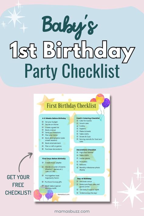 baby's 1st birthday party checklist Planning A 1st Birthday Party, 1st Birthday Checklist, 1st Birthday Party Checklist, First Birthday Party Checklist, First Birthday Checklist, 1rst Birthday, Activities For One Year Olds, Birthday Organizer, Birthday Party Checklist