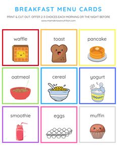 Breakfast Menu Cards for Toddlers and Preschoolers Toddler Menu Printable, Breakfast For Preschoolers, Breakfast Menu For Kids, Breakfast Menu Ideas, Diy Menu Cards, Homeschool Meals, Esl Preschool, Toddler Menu, Toddler Breakfast