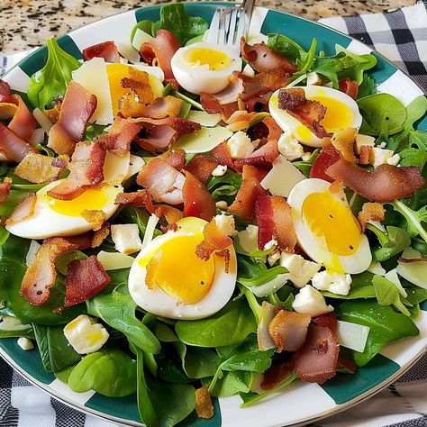 How to Make Simple Spinach Salad with Warm Bacon Dressing Wilted Spinach Salad With Hot Bacon Dressing, Spinach Salad With Warm Bacon Dressing, Spinach Salad Dressing, Warm Bacon Dressing, Simple Spinach Salad, Baked Potato Slices, Bacon Dressing, Large Salad Bowl, Spinach Leaves