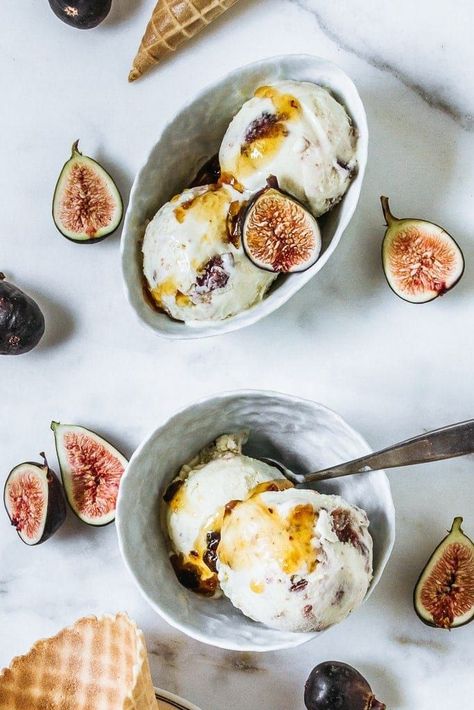 nothing compares to the impossibly creamy, homemade real-deal like this ricotta fig ice cream.This is the best ice cream to come out of my kitchen with layers of lusciously sweetened ricotta and deeply caramelized honey figs. The texture is silky and straight up decedent. Ice Cream With Honey, Ricotta Ice Cream, Fig Ice Cream, Ricotta And Honey, Caramelized Honey, Sweet Ricotta, Honey Ice Cream, Roasted Figs, Gluten Free Ice Cream