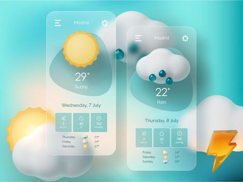 Glassmorphism Ui, App Design Trends, Weather Wallpaper, Weather Cards, Mobile Project, Ui Design Trends, Weather Radar, Weather App, Webpage Design