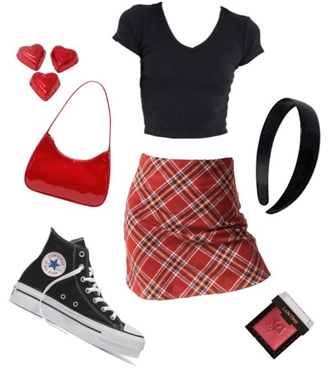 Red Outfit Summer, Black Red Outfit, Platform Outfit, Red Platform, Headband Outfit, Outfits Polyvore, Red Fits, Black Headband, Black High Tops