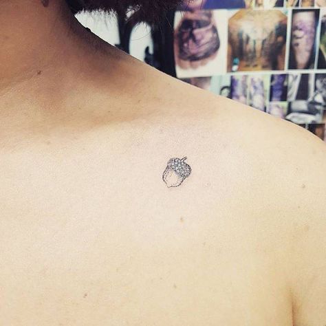 One of FIVE first ever tattoos Tiny Acorn Tattoo, Small Nature Tattoo, Realistic Moon Tattoo, Acorn Tattoo, Hai Tattoo, Clavicle Tattoo, Tiny Bird Tattoos, Wreath Tattoo, Anchor Tattoo Design