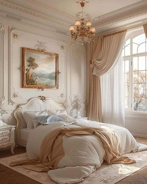 Royal Aesthetic Bedroom Ideas, Modern French Rococo Bedroom Furniture, Bridgerton Room Ideas, 1800s Bedroom Aesthetic, Bridgerton Room Decor, Regency Bedroom Aesthetic, Old Money Bed, Bridgerton Room Aesthetic, Bridgerton Aesthetic Bedroom