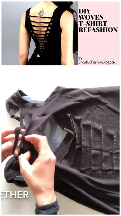 How to upcycle and makeover an old t shirt into a trendy woven tshirt. Learn how to weave a tshirt with this no sew repurpose video tutorial. Refashion Tshirt, T Shirt Refashion, Cut Tshirt Diy, Umgestaltete Shirts, Cut Shirt Designs, T Shirt Weaving, Diy Will, Diy Cut Shirts, Shirt Makeover