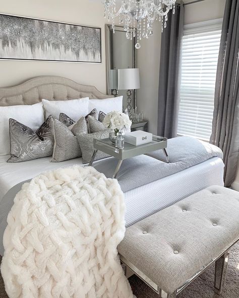 LGQUEEN Home Decor on Instagram: “A cozy made bed to come home to is one of the best feelings ever!! 🙌🏽 NEW video is now live on my YouTube channel LGQUEEN Home Decor. Come…” Silver Wall Decor, Glam Bedroom Decor, Silver Bedroom, Beautiful Bedrooms Master, Simple Bedroom Design, Glam Bedroom, Dekorasi Kamar Tidur, Grey Bedroom, Interior Design Magazine