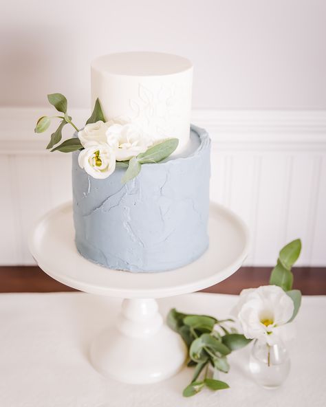 Louisa's Homemades Wedding Cakes | This cake combines rustic charm with classic elegance and I'm in love! Blue is the color for 2020 weddings. This is another photo from my styled shoot with Revel Photo Co. Blue Two Tier Wedding Cake, Wedding Cakes Color, White Wedding Cake With Blue Accent, Dusty Blue Buttercream, Winter Wedding Cake Blue, Wedding Cake Dusty Blue And Sage Green, Rustic Dusty Blue Wedding Cake, Bridal Shower Cakes Blue, Small Dusty Blue Wedding Cake