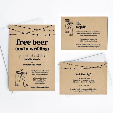 Funny Wedding Invitation Template - Free Beer Fun Brewery Printable Set - Rustic Kraft Paper | Instant Download PDF Suite - Lights Printable Programs, Beer Wedding, Funny Wedding Invitations, Brewery Wedding, Card Templates Printable, Free Thank You Cards, Free Beer, Place Card Template, Wedding Programs Template