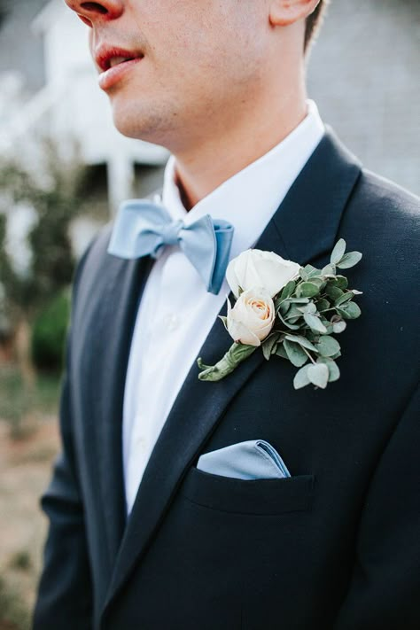 Black And Light Blue Tuxedo, Black Suit And Light Blue Tie, Bowtie Wedding Groom, Black Tux With Blue Bow Tie, Black Suit Blue Bow Tie, Black Suit With Blue Bow Tie, Blue Bow Wedding Dress, Navy Blue Suit With Bow Tie, Black Suit Blue Tie Wedding