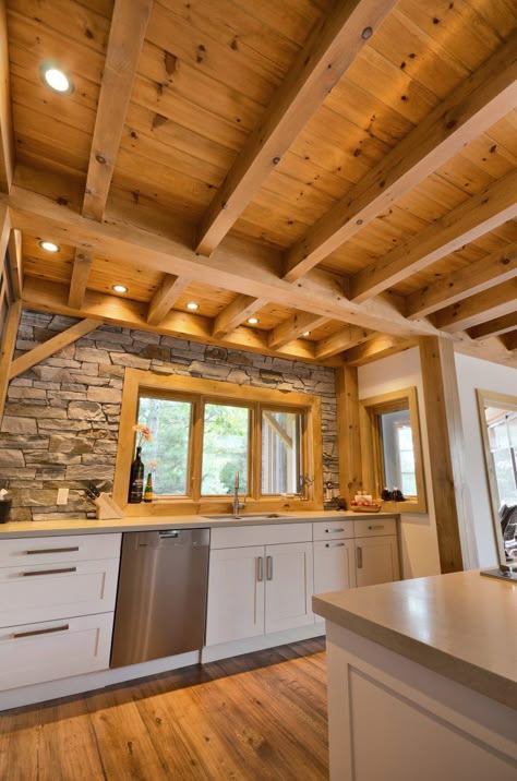 Timber Frame Interior Design, Kitchen Backsplash Behind Stove, Timber Frame Interior, Natural Ceiling, Rock Interior, Backsplash Behind Stove, Rock Backsplash, Dapur Rustic, Sink Window