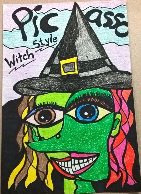 I had my students do a Picasso Style witch and this was the example I made for them. Picasso Witch Art Project, Picasso Halloween Art, Witch Art Projects For Kids, Halloween Art Drawing, Halloween Art Lessons, Halloween Drawing Ideas, Drawing Halloween, Halloween Art Projects, Fall Art Projects