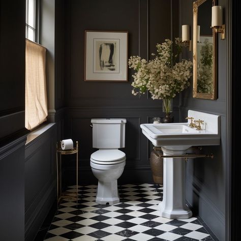 Checkered Tile Powder Room, Checkered Powder Room Floor, Checkerboard Floor Powder Room, Powder Bathroom Paneling, Tile Wall Powder Bathroom, Moody Modern Powder Room, French Blue Bathroom Walls, Monochromatic Powder Room, Moody Cloakroom