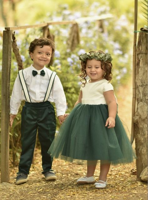 Ring Bearer Suit, Green Flower Girl Dresses, David Ring, Satin Flower Girl Dress, Green Themed Wedding, Bearer Outfit, Short Sleeves Shirt, Emerald Green Weddings, Tulle Flower Girl