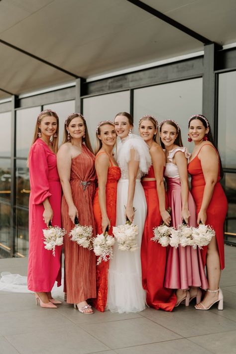 Pink And Red Wedding Groomsmen, Red Shades Bridesmaid Dresses, Red Pink Orange Wedding Bridesmaid Dresses, Bright Red Bridesmaid Dresses, Pink And Red Bridesmaid Dresses, Orange And Pink Bridesmaid Dresses, Red And Pink Bridesmaid Dresses, Sunset Bridesmaids, Pink And Orange Bridesmaid Dresses