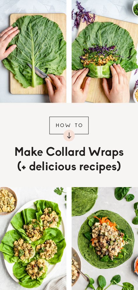 Learn exactly how to make collard wraps for the perfect easy lunch filled with veggies and protein! In this step-by-step tutorial for making collard wraps, you'll learn how to prep your collard greens, fill them with delicious ingredients and roll them up well. Fill your homemade collard wraps with one of our delicious suggested recipes! #kitchenhack #collardgreens #howto #tutorial #lowcarb #healthylunch #glutenfree #grainfree Collard Greens Wrap, Easy Collard Greens Recipe, Collard Wraps, Collard Green Wraps, Veggie Rolls, Greek Yogurt Chicken Salad, Steak Wraps, Chicken Quinoa Salad, Yogurt Chicken Salad