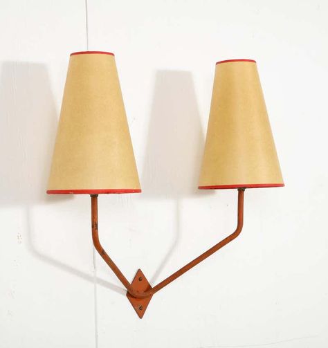 For Sale on 1stDibs - Pair of sconces in red painted steel, nice patina. Reminiscent of the creations of Jean Royere. Two pairs are available. 80s Wall Lights, Mid Century Room, Red Pendant Light, New Century Wall Sconse, Red Vintage Lamp, Red Sconces Light Fixtures, Iron Wall Sconces, Vintage Wall Sconces, Red Walls