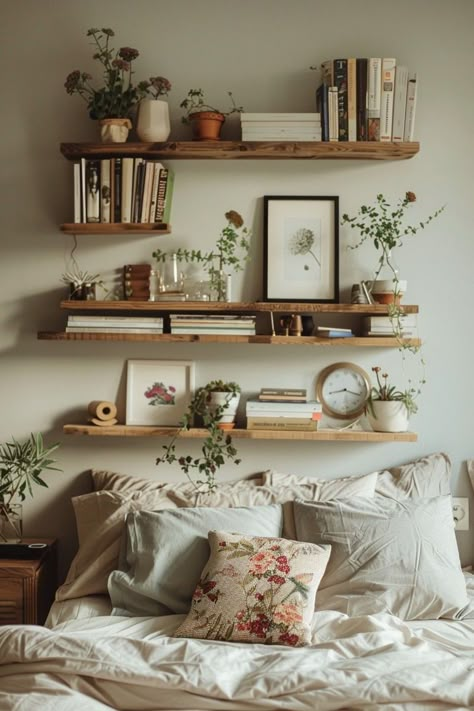 Bedroom Decor Floating Shelves, Small Floating Shelves Bedroom, Shelves In Bedroom Corner, Books Shelves Ideas, Above Bed Floating Shelves, Cozy Bedroom With Books, Small Wall Decor Ideas Bedrooms, Cute Things To Put On Shelves, Books Small Space