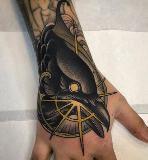 Neotraditional Hand Tattoo Design, Crow Skull Tattoo Traditional, Raven Neotraditional Tattoo, Neo Traditional Crow Tattoo, Neotraditional Crow Tattoo, Raven Neotraditional, Neotraditional Hand Tattoo, Neo Traditional Raven Tattoo, Crow Hand Tattoo