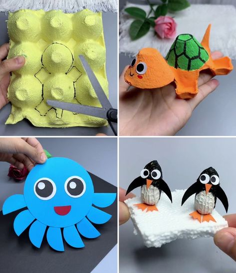 Ocean Montessori, Egg Shell Crafts, Egg Box Crafts, Sea Turtle Craft, Plastic Animal Crafts, Recycled Material Art, Shell Tray, Mum Ideas, Recycling Crafts