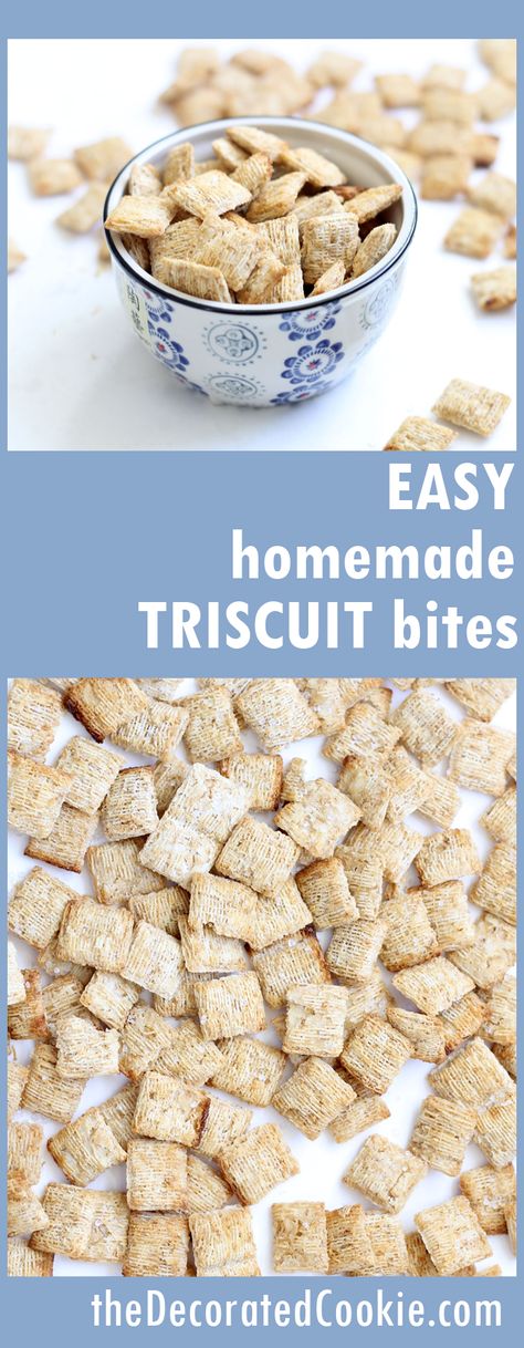 easy homemade Triscuit Bites -- 3 ingredients ~ The Decorated Cookie Diy Triscuits, Cereal Recipes Snacks, Cereal Mixes, Triscuit Recipes, Hazelnut Flour, Shredded Wheat Cereal, Homemade Crackers Recipe, Make Your Own Crackers, Baked Snacks