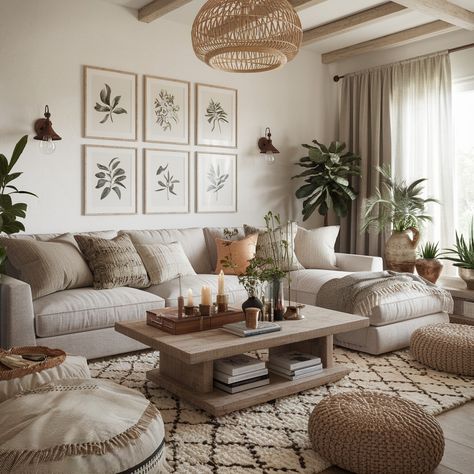 Modern Farmhouse Boho House🧡🧡🧡 Home Decor Boho Farmhouse, Neutral Modern Farmhouse Living Room, Texas Boho Decor, Boho Modern Aesthetic, Boho Modern Living Room Ideas, Grey Boho Living Room, Living Room Designs Boho, Boho Minimalist Living Room, Boho Farmhouse Dining Room