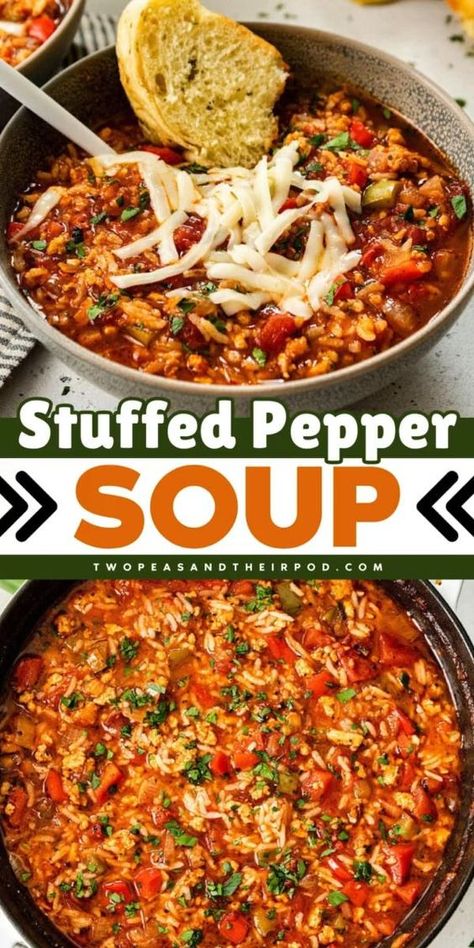 Looking for more soup ideas for dinner? Try this Stuffed Pepper Soup! This hearty homemade soup is made with basic ingredients like ground beef, rice, and bell peppers. Pin this easy comfort food recipe! Soup Ideas For Dinner, Healthy Hearty Soup, Bell Pepper Soup, Slow Cooker Stuffed Peppers, Ground Beef Rice, Hearty Soup Recipes, Soup Ideas, Ideas For Dinner, Winter Soup Recipe