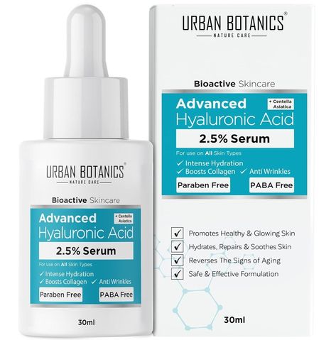 UrbanBotanics 2.5% Hyaluronic Acid Serum || For Intense Hydration, Glowing Skin & Fines Lines || Daily Hydrating Face Serum || For Women & Men || For All Type of Skin Dry, Normal & Oily Skin || Pack of 30 ml || No Side Effect || Safe in Use || Fast Shipping || Free Shipping World Wide About this item Intensive hydrating 2.5 percent Pure Hyaluronic Acid Serum for face with Vitamin B5 (Niacinamide) moisturizes skin instantly for dewy glow and visibly plumped skin; Reduces wrinkles and boosts skin' Hydrating Face Serum, Dewy Makeup Look, Skin Pack, Type Of Skin, Serum For Face, Dewy Makeup, Hyaluronic Acid Serum, Skin Radiance, Face Hydration