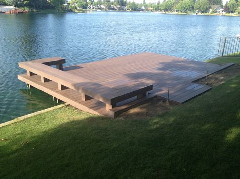 Dock For Pond, Dock Furniture Lake, Lakeside Deck, Pond Dock, Lake Deck Ideas, Pond Docks, Dock Ideas, Dock Ideas Lakeside, Lake House Deck Ideas