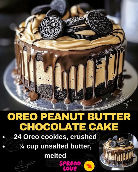 Oreo Peanut Butter Chocolate Cake Peanut Butter Oreo Dessert, Oreo Peanut Butter, Candy Cookie Cake, Peanut Butter Chocolate Cake, Butter Chocolate Cake, Oreo Crust Cheesecake, Triple Chocolate Cheesecake, Peanut Butter Oreo, Chocolate Peanut Butter Cake