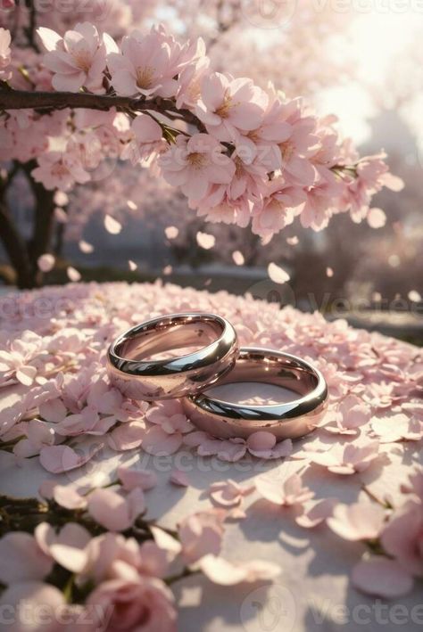 photo wedding rings on sakura cherry blossom petals flower bouquet Cherry Blossom Quinceanera Crown, Blossom Flower-shaped Jewelry For Anniversary, Couple Cherry Blossom, Cherry Blossom Jewelry Set, Sakura Flower Jewelry, Sakura Wedding, Cherry Blossom Petals, Cherry Blossom Wedding, Sakura Cherry Blossom