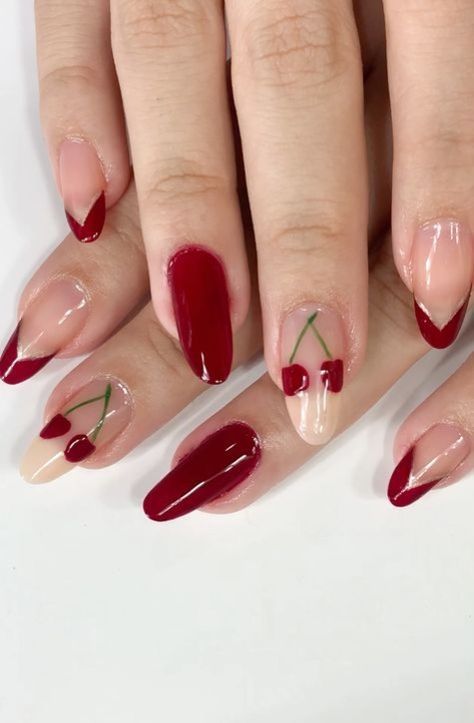 Nails Polish Ideas, Cherry Nails Designs, Cherry Nail, Cherry Nail Art, Summer Nail Colors, Halloween Acrylic Nails, Asian Nails, Punk Nails, Cherry Nails