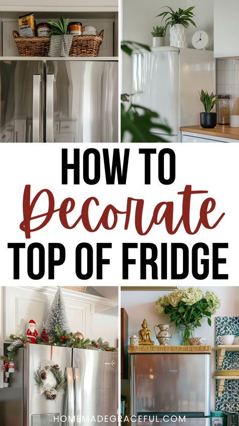 how to decorate top of fridge Farmhouse Decor For Top Of Refrigerator, Kitchen Cabinet Tops Decorating Ideas, How To Decorate Open Cabinets In Kitchen, Awkward Space Above Fridge, Top Of Frig Storage, Plants On Top Of Refrigerator, How To Decorate On Top Of Refrigerator, Decorate Top Of Fridge Farmhouse, Top Of Refrigerator Decor Ideas Storage