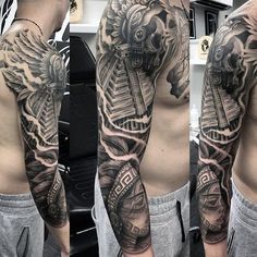 Sleeve Tattoos Japanese, Aztec Warrior Tattoo, Aztec Tattoos Sleeve, Tattoos Leg, Tattoos Japanese, Mayan Tattoos, Aztec Tattoos, Mexican Art Tattoos, Aztec Tattoo