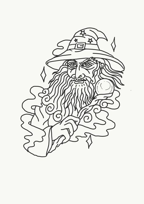 Wizard Tattoo Stencil, Wizard Tattoo Flash, Wizard Tattoo Design, Funny Easy Drawings, Traditional Tattoo Outline, Hip Hop Tattoo, Wizard Tattoo, Arm Tattoos Drawing, Small Dragon Tattoos